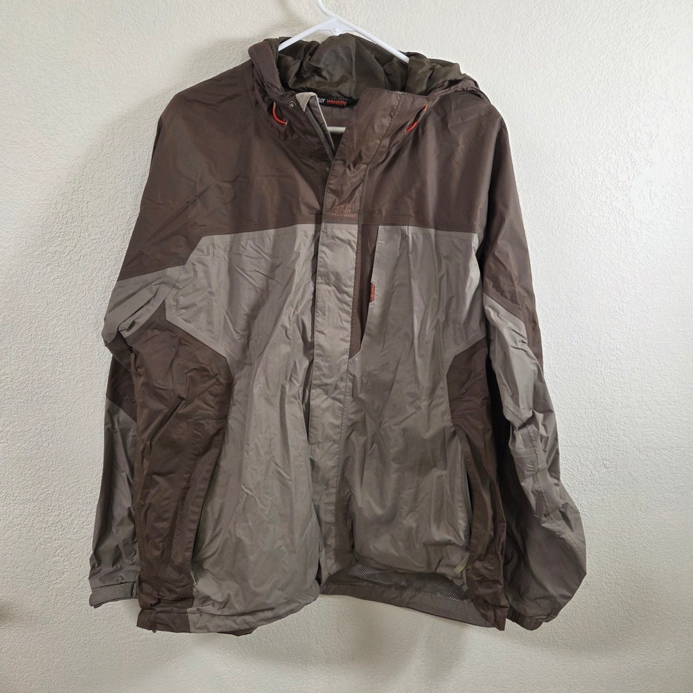 Helly Hansen Mens Large Packable Hooded Rain Jacket Brown Colorblock Windbreaker